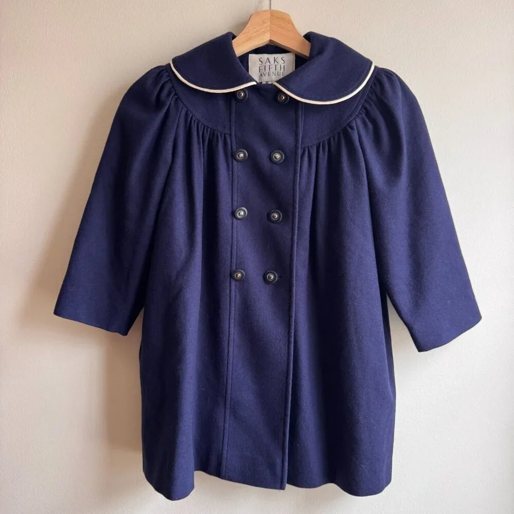 Vintage Saks Fifth Avenue Girls Wool Coat Navy Blue 80s 90s USA Peter Pan Collar